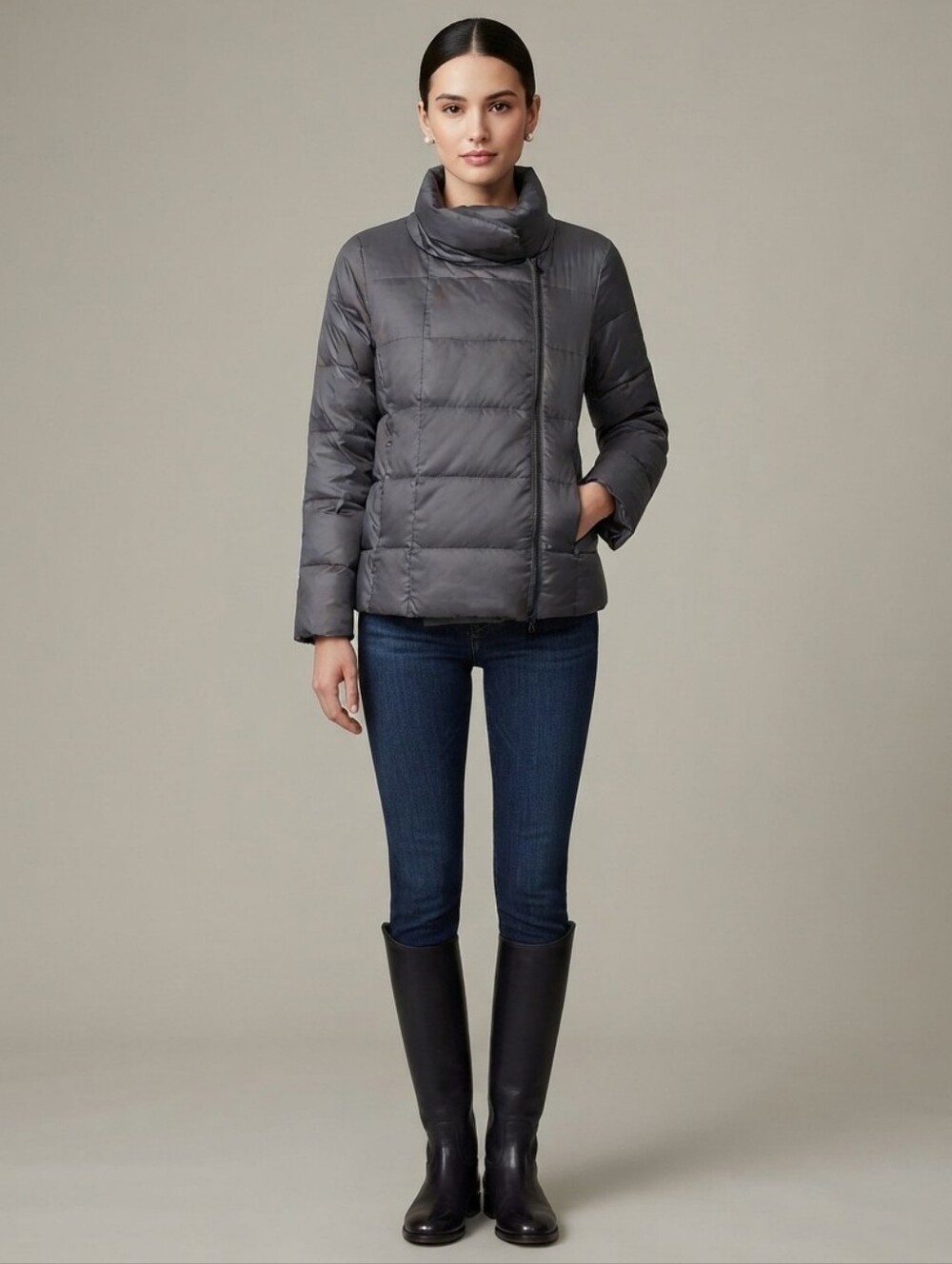 Eileen Fisher Quilted Down Puffer Charcoal Gray Full Zip Jacket Coat! Size L